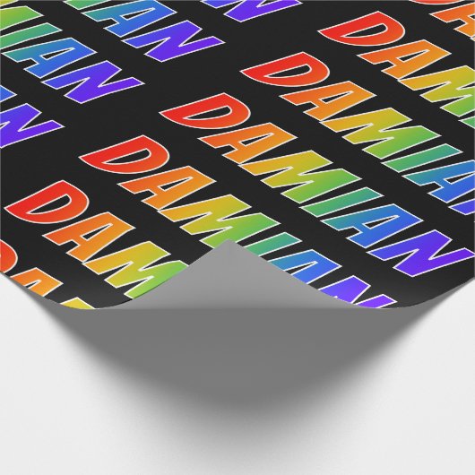 Rainbow Vorname "DAMIAN"; Fun & Colorful Geschenkpapier (Ecke)