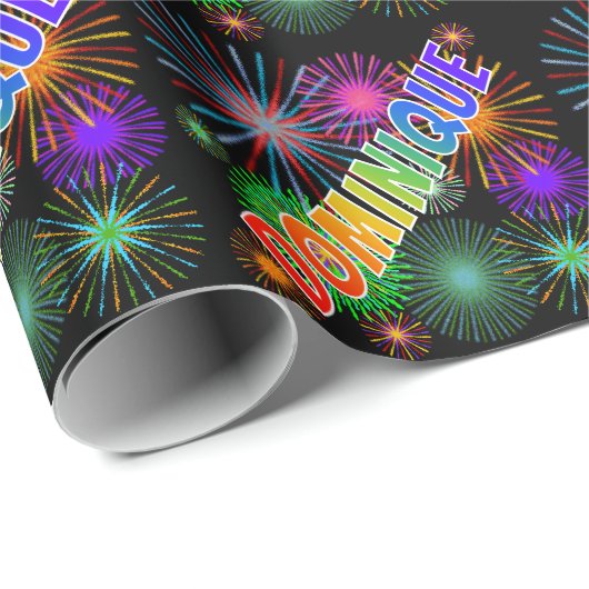 Rainbow Vorname "DOMINIQUE" + Feuerwerkskörper Geschenkpapier (Rolleneckpunkt)