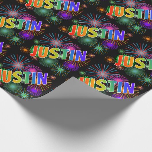 Rainbow Vorname "JUSTIN" + Feuerwerke Geschenkpapier (Ecke)