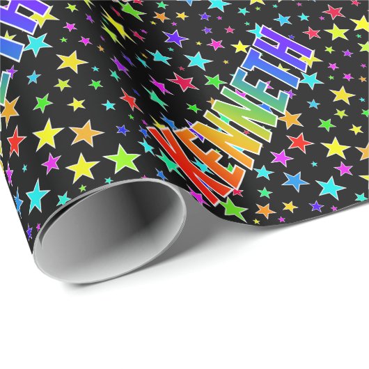 Rainbow Vorname "KENNETH" + Sterne Geschenkpapier (Rolleneckpunkt)