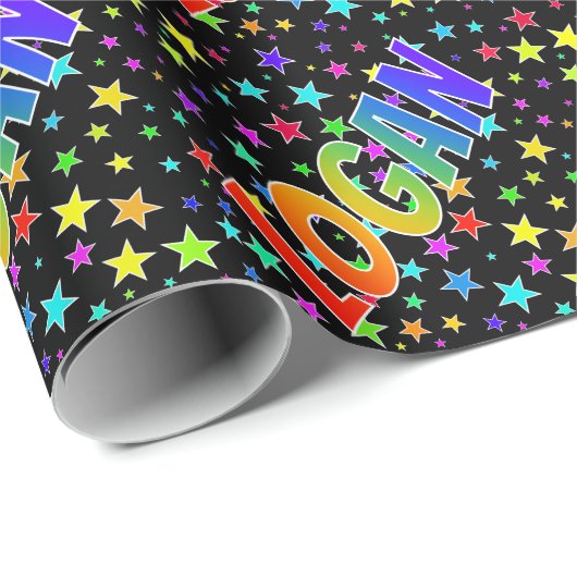 Rainbow Vorname "LOGAN" + Sterne Geschenkpapier (Rolleneckpunkt)