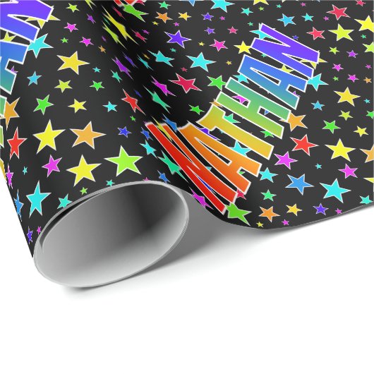 Rainbow Vorname "NATHAN" + Sterne Geschenkpapier (Rolleneckpunkt)