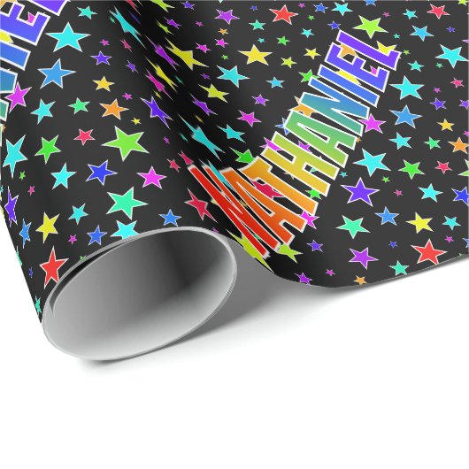 Rainbow Vorname "NATHANIEL" + Sterne Geschenkpapier (Rolleneckpunkt)