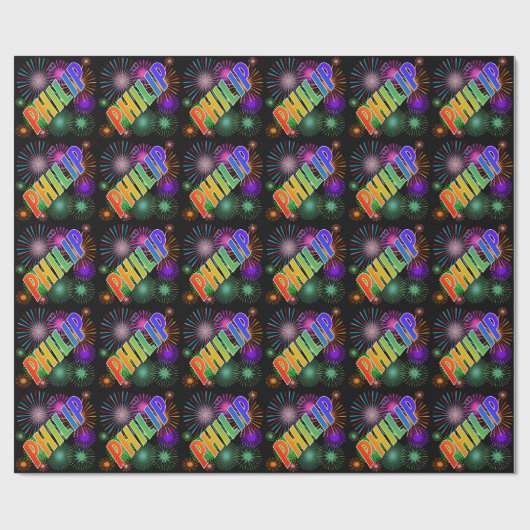 Rainbow Vorname "PHILIP" + Feuerwerkskörper Geschenkpapier (Flach)