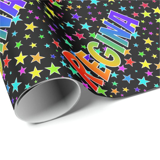 Rainbow Vorname "REGINA" + Sterne Geschenkpapier (Rolleneckpunkt)