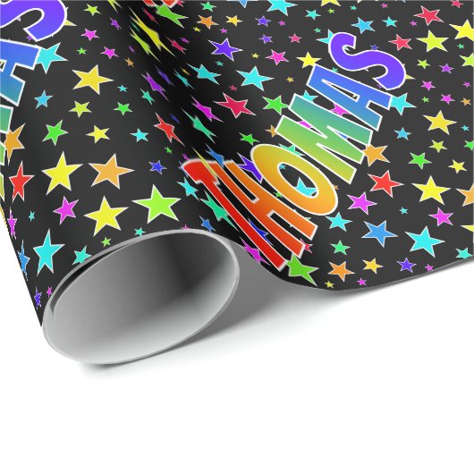 Rainbow Vorname "THOMAS" + Sterne Geschenkpapier (Rolleneckpunkt)