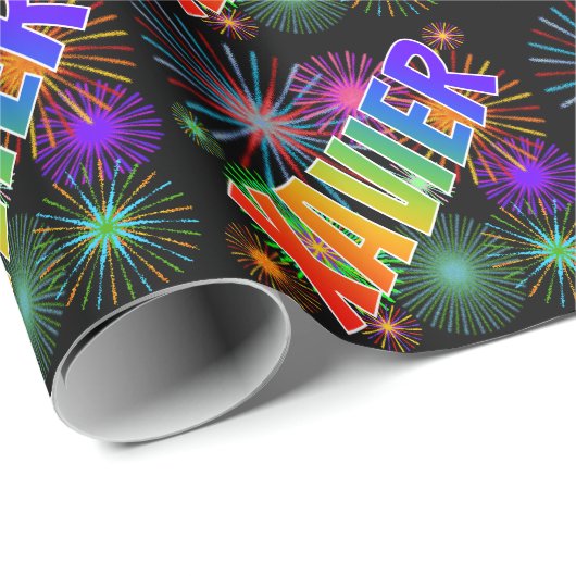 Rainbow Vorname "XAVIER" + Fireworks Geschenkpapier (Rolleneckpunkt)