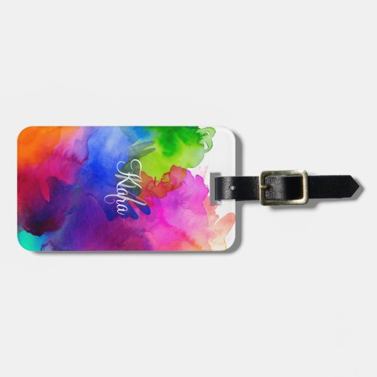 Rainbow Watercolor Abstrakt Name Monogram Gepäckanhänger (Vorderseite horizontal)