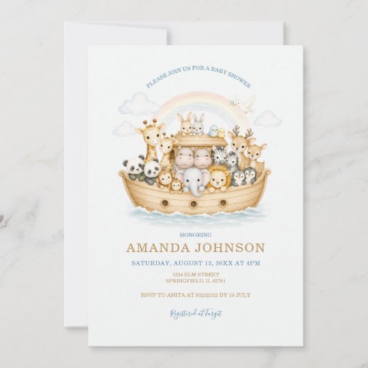 Rainbow Watercolor Animals Noah Ark Einladung (Vorderseite)