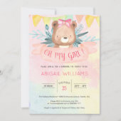 Rainbow Watercolor Bear Girl Babydusche Einladung (Vorderseite)