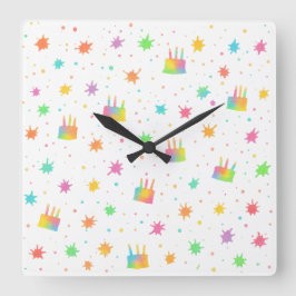 Rainbow Watercolor Birthday Cake Colorful Paint Quadratische Wanduhr