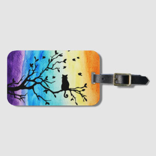 Rainbow Watercolor Black Tree Branch & Cat Gepäckanhänger