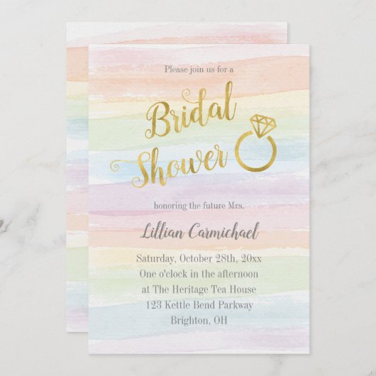 Rainbow Watercolor Brautparty mit Gold Einladung (Vorne/Hinten)