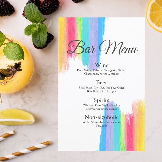 Rainbow Watercolor Chic LGBTQ Wedding Drinks Menü
