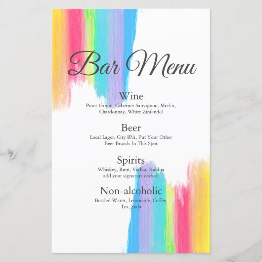 Rainbow Watercolor Chic LGBTQ Wedding Drinks Menü (Vorderseite)