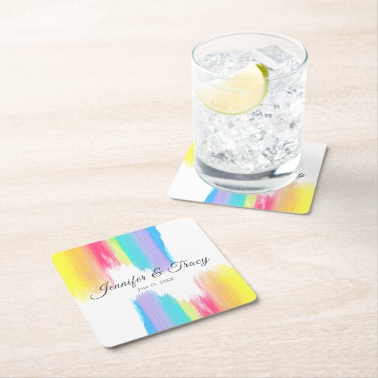 Rainbow Watercolor Elegant LGBTQ Hochzeit Rechteckiger Pappuntersetzer (Vor Ort)