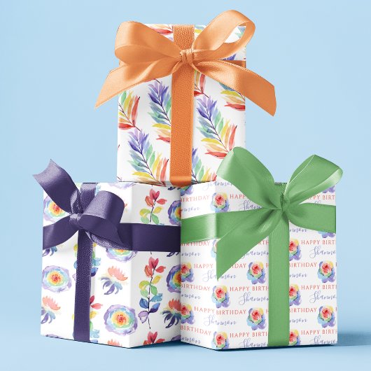 Rainbow Watercolor Floral Wrapping Paper Sheets Geschenkpapier Set