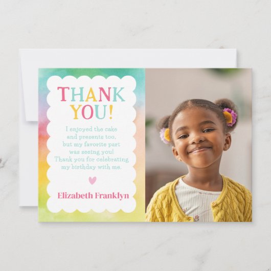 Rainbow Watercolor Foto Custom Kids Dankeskarte (Vorderseite)