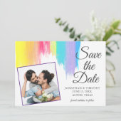 Rainbow Watercolor LGBT-Foto Save the Date Lila Ankündigung (Stehend Vorderseite)