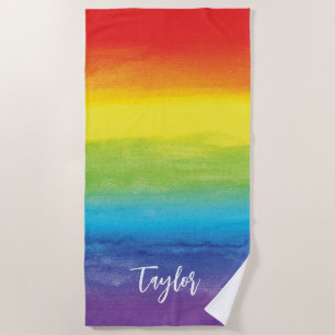 Rainbow Watercolor Lila Red Modern Name Strandtuch