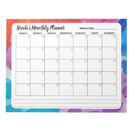 Rainbow Watercolor Monatlicher Kalender Notizblock (Vorderseite)