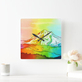 Rainbow Watercolor Mount Hood Quadratische Wanduhr