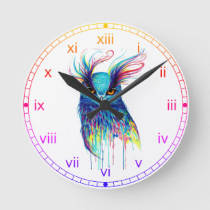 Rainbow watercolor Owl with a pink&yellow Runde Wanduhr