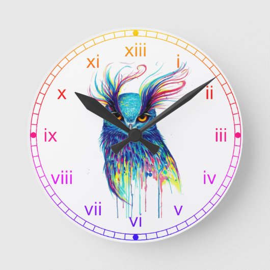 Rainbow watercolor Owl with a pink&yellow Runde Wanduhr (Vorderseite)
