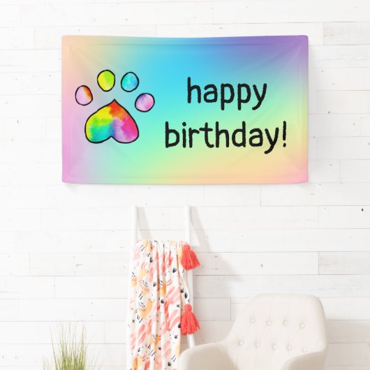 Rainbow Watercolor Paw Print Birthday Party Banner (Insitu)