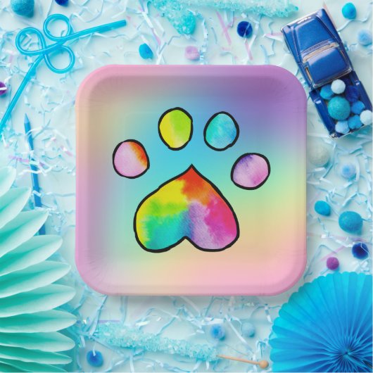 Rainbow Watercolor Paw Print Birthday Party Pappteller (Party)