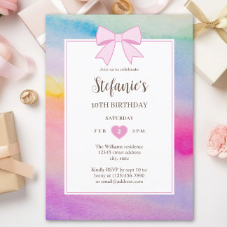 Rainbow Watercolor Pink Bow Girl Birthday Foto Einladung