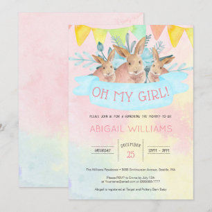 Rainbow Watercolor Rabbits Girl Baby Shoounter Einladung