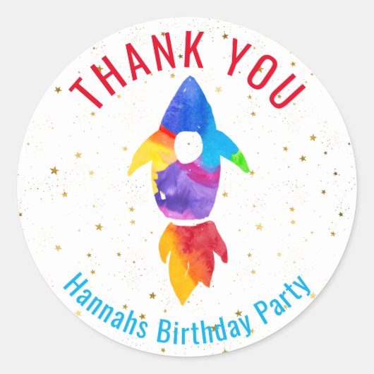 Rainbow Watercolor Rocket Weltraum Vielen Dank Runder Aufkleber (Vorderseite)