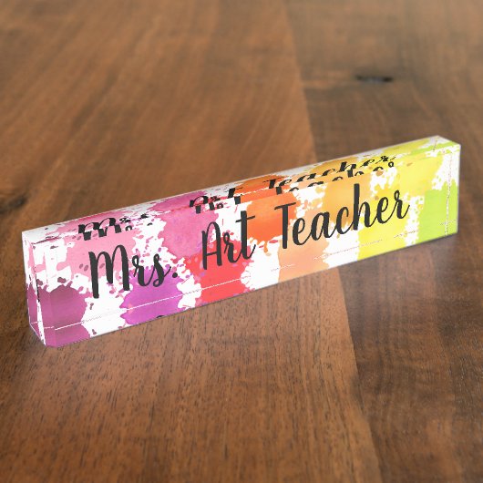 Rainbow Watercolor Spritzer Lehrerin Schreibtisch Namensplakette (Seite)