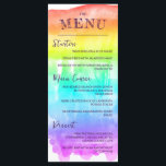 Rainbow Watercolor Wash LGBTQ Hochzeitmenü Menükarte<br><div class="desc">Farbenfrohe LGBTQ Hochzeitskarte mit einem Aquarellfarbenwaschgang,  der die meisten Karten bedeckt,  mit charmanten handgeschriebenen Schriftart in dunklem lila. Fügen Sie Ihre Vorspeisen,  Hauptgerichte und Desserts hinzu.</div>