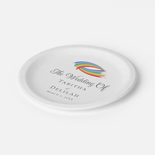 Rainbow Waves Beautiful LGBT Wedding Pappteller (Schrägansicht)