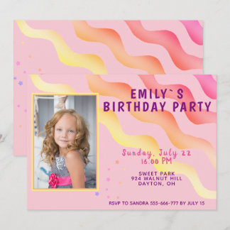 Rainbow Waves Stars Pink Girl Foto Geburtstagspart Einladung