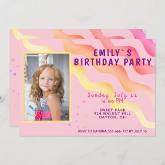 Rainbow Waves Stars Pink Girl Foto Geburtstagspart Einladung