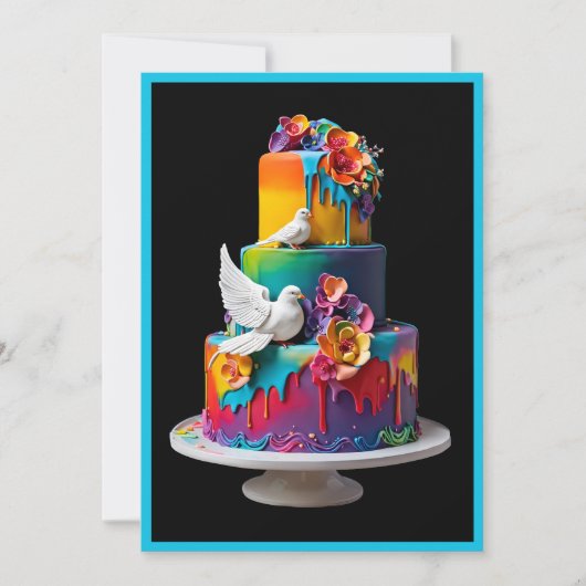 Rainbow Wedding Cake mit Doves Wedding Einladung (Vorderseite)