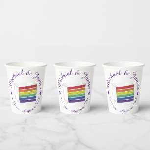 Rainbow Wedding Cake Slice Lila Heart LGBT Gay Pappbecher
