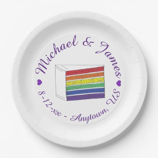 Rainbow Wedding Cake Slice Lila Heart LGBT Gay Pappteller (Vorderseite)