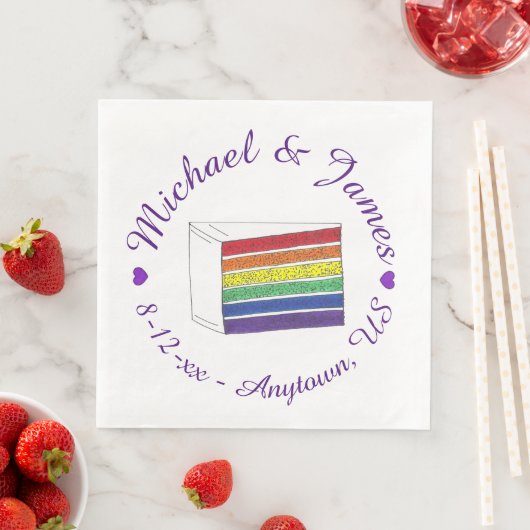 Rainbow Wedding Cake Slice Lila Heart LGBT Gay Serviette (Beispiel)