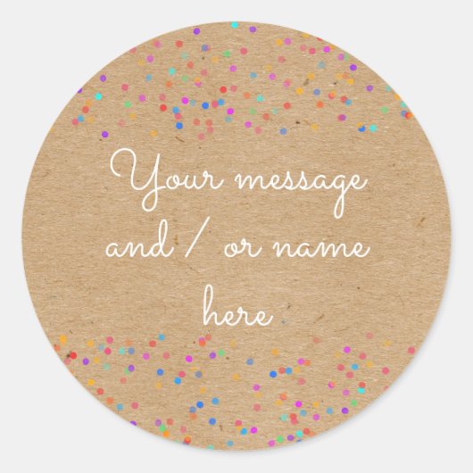 Rainbow Wedding Confetti Rustic Kraft Name Runder Aufkleber (Vorderseite)