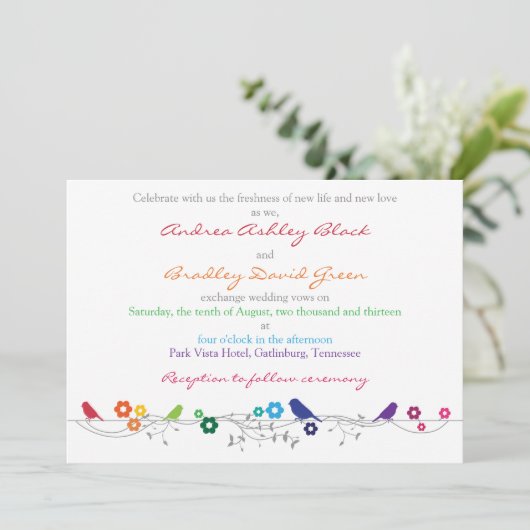 Rainbow Wedding Einladung Vögel Blume (Stehend Vorderseite)