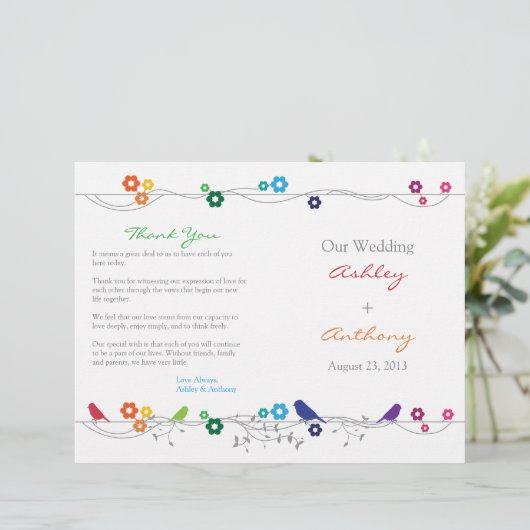 Rainbow Wedding Program Birds Blume (Stehend Vorderseite)