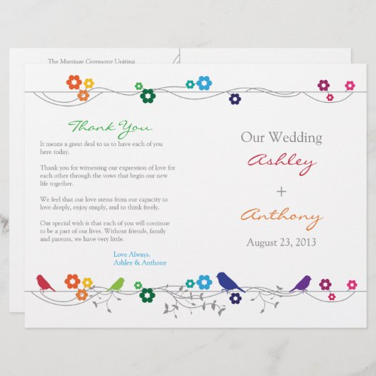 Rainbow Wedding Program Birds Blume (Vorne/Hinten)