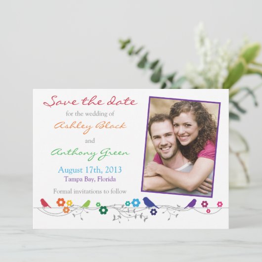 Rainbow Wedding Save the Date Birds Blume (Stehend Vorderseite)