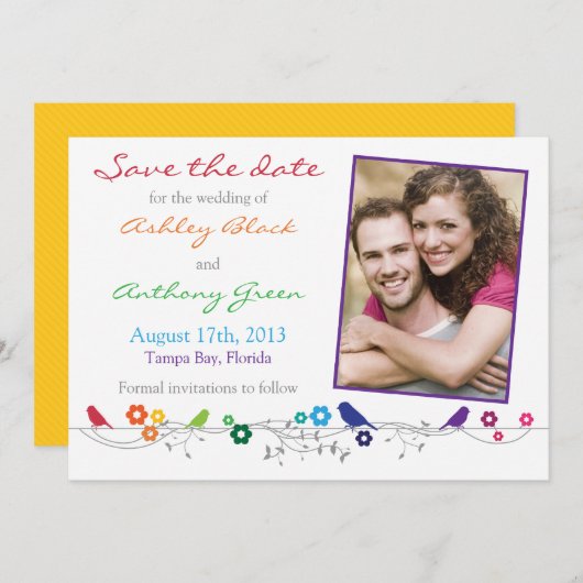 Rainbow Wedding Save the Date Birds Blume (Vorne/Hinten)