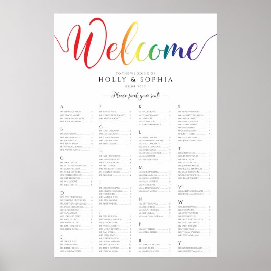 Rainbow Wedding Seating Chart Alphabethisch Poster (Vorne)