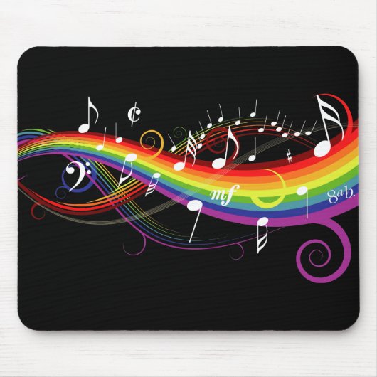 Rainbow White Musiknoten auf Black Mousepad (Vorne)